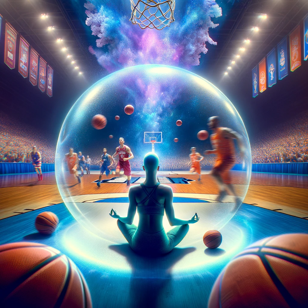 DALL·E 2024-03-10 20.51.30 - Imagine an oasis of serenity amidst the excitement of a basketball tournament, symbolizing the concept of inner peace and calm in contrast to the ener