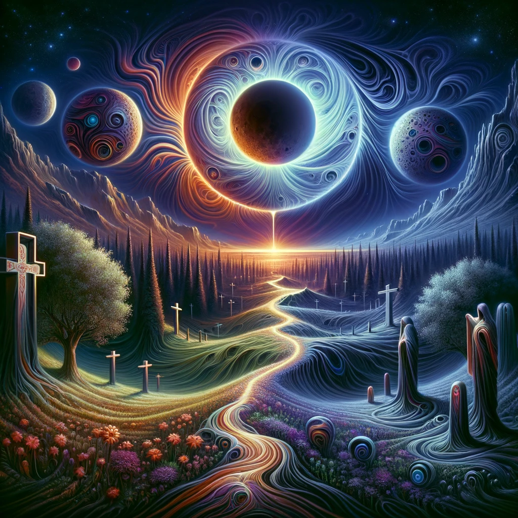DALL·E 2024-03-24 13.55.08 - A visionary scene depicting the convergence of Holy Week and the psychedelic experience under the glow of a lunar eclipse. This landscape is both sere